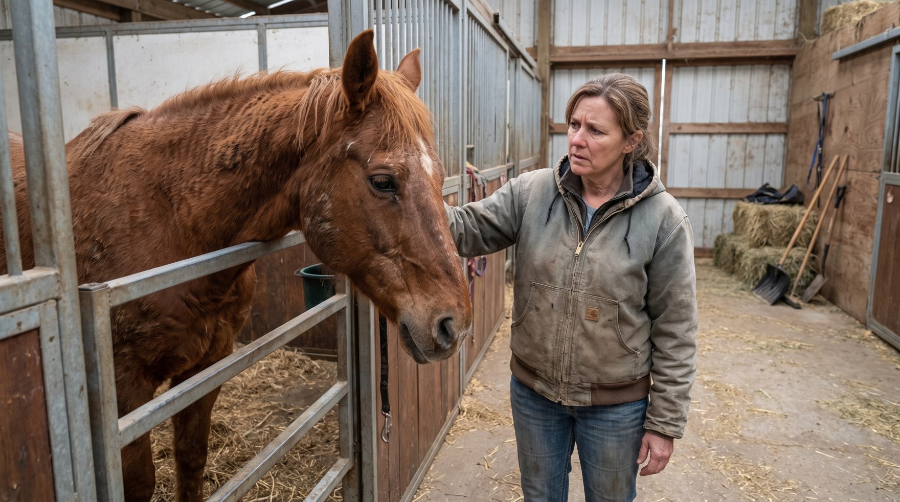 A worried owner resting a hand on her older chestnut horse's head in a plain barn aisle