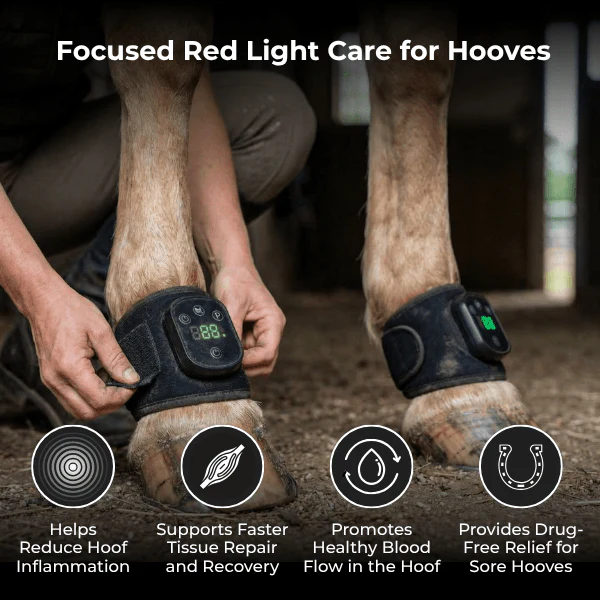 Diagram of HaloLegs Mini benefits: reduced hoof inflammation, faster tissue repair, healthy blood flow, drug-free relief