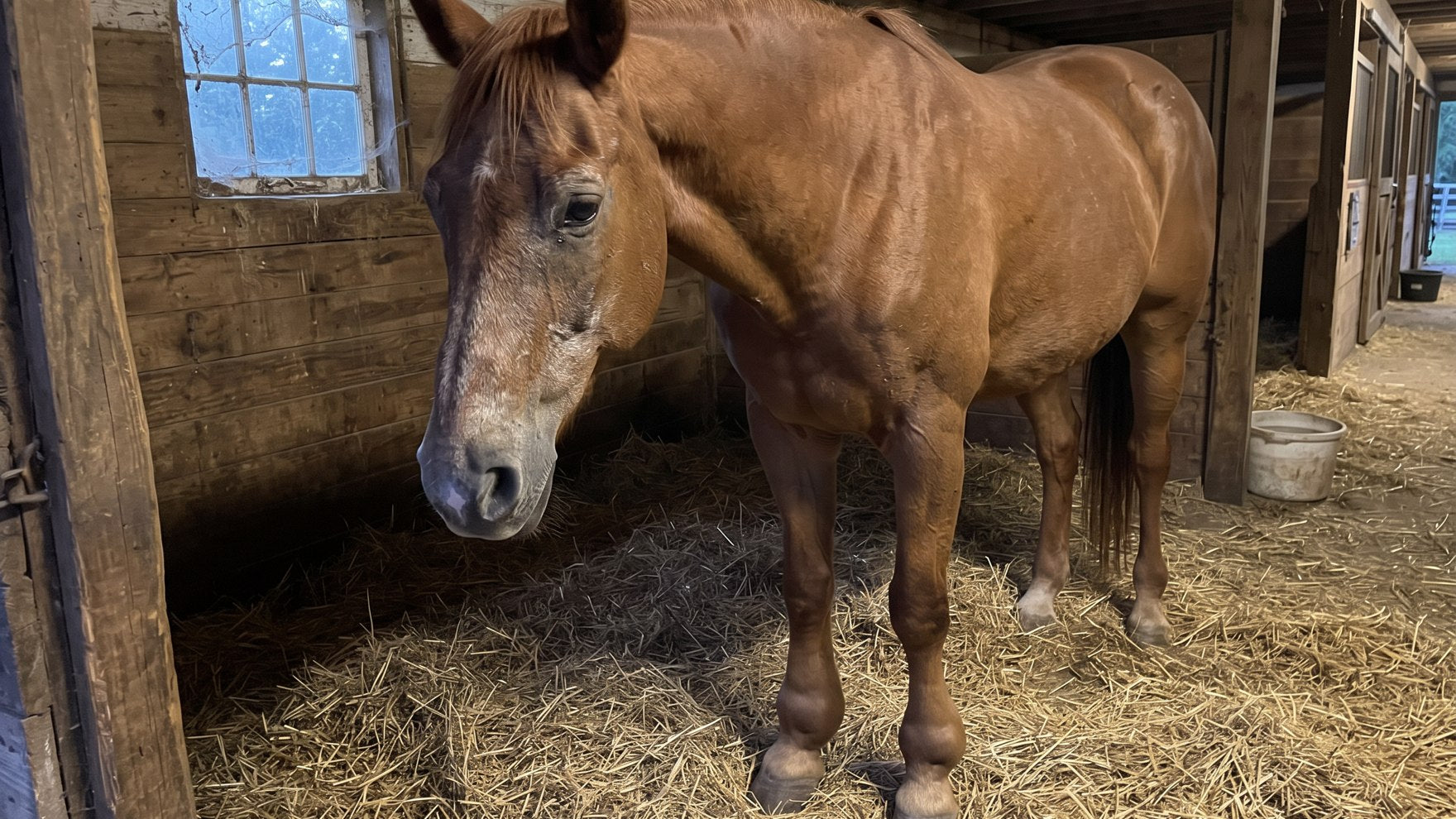 An older horse's front lower legs standing puffy and stocked up in the stall at night